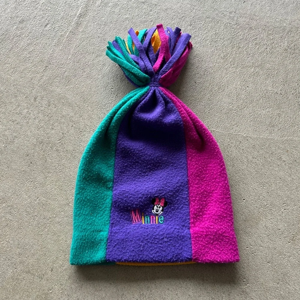 Vintage 90s Disney Minnie Mouse‎ Beanie Hat Cap YOUTH Purple Pink Green Fleece
